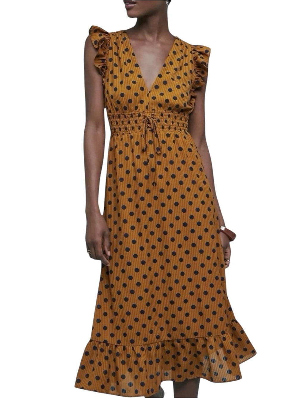 Anthropologie Rahi Cali Makedah Polka Dot Midi Dress Orange Smocked Ruffle S